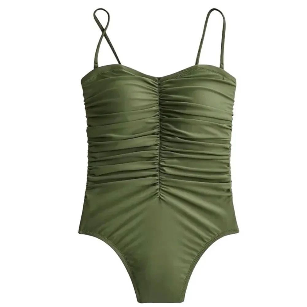 J. crew Olive Green Ruched Spaghetti strap swimsuit NWT